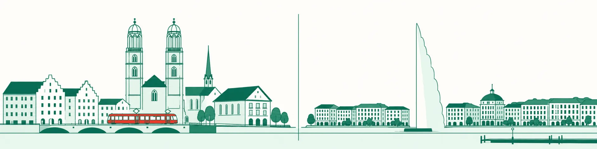 Flat illustration splitting Zurich's old town and the Grossmünster from Geneva's lakefront and Jet d'Eau fountain